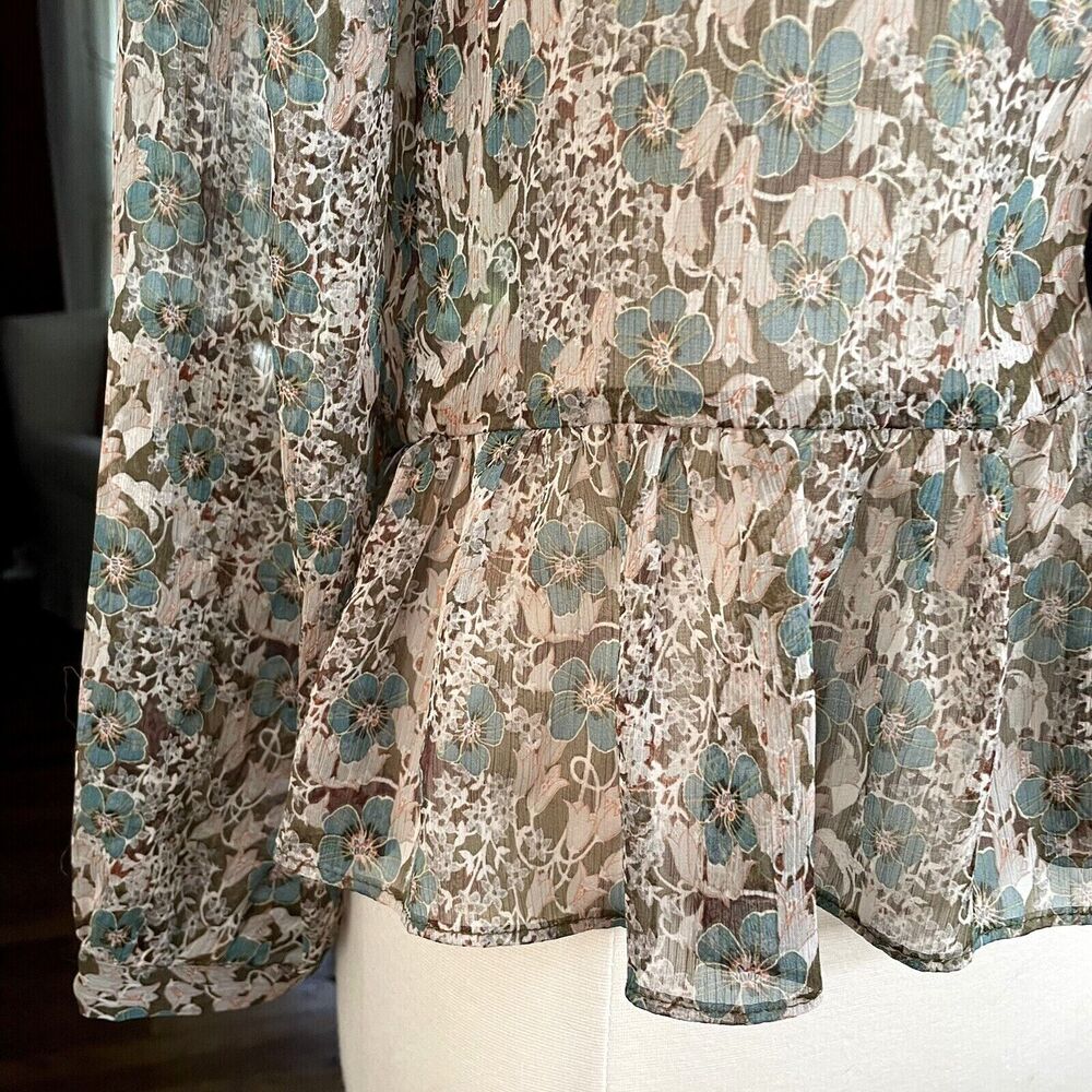 ZARA Denim Sz M Beige Teal Floral Semi-Sheer Peasant Blouse Top Lace Up Ruffle - Picture 3 of 9